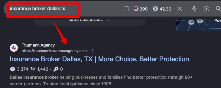 Google result showing Thumann Agency ranking number one for insurance broker Dallas TX
